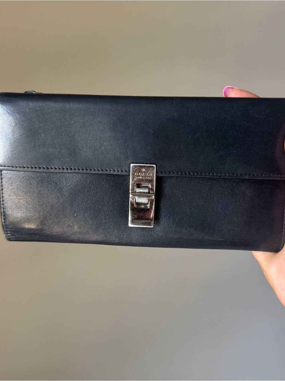 Gucci Black Leather Long Wallet with Silver-Tone Lock